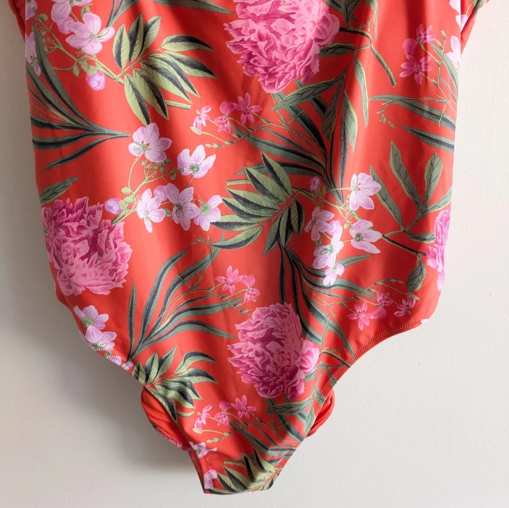 Old Navy Coral Orange Tropical Floral Print One Piece Swimsuit Size 3X - Picture 3 of 8